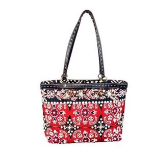 Isabella Fiore Beaded Shoulder Bag Cloth with Leather Trim, Black Red Retro Boho